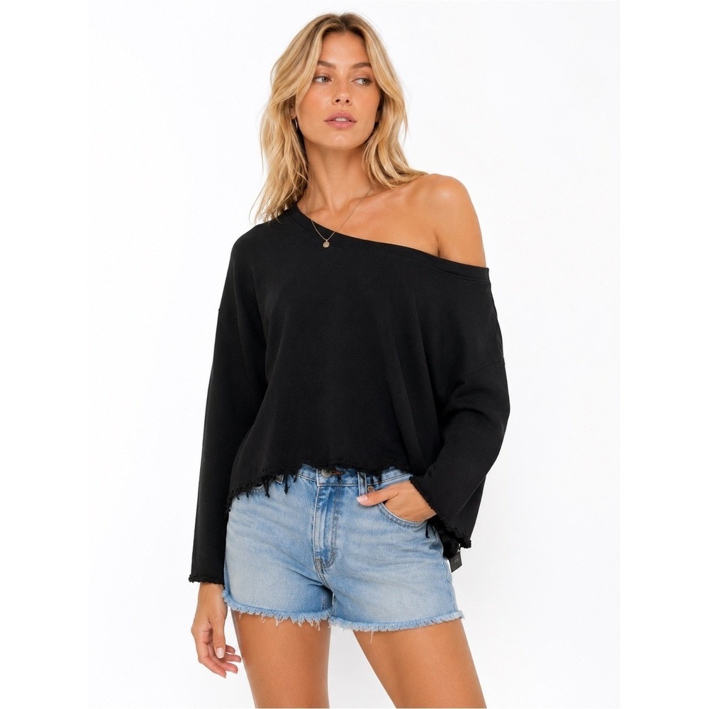 RtA Black Off Shoulder distressed Sweatshirt NWT Small Medium